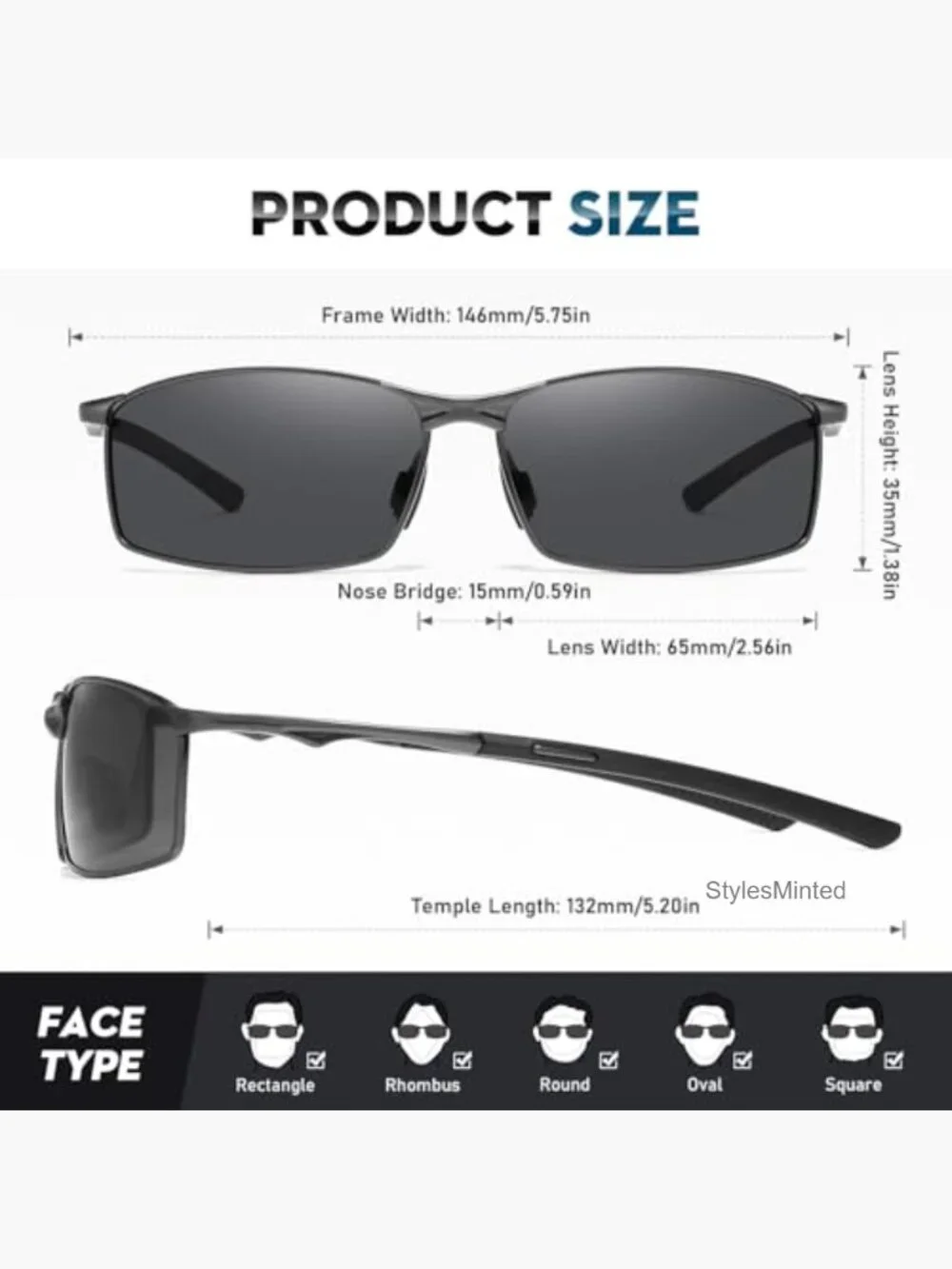 Men's Polarized Rectangular Sunglasses Ultra Lightweight Metal Frame Fishing